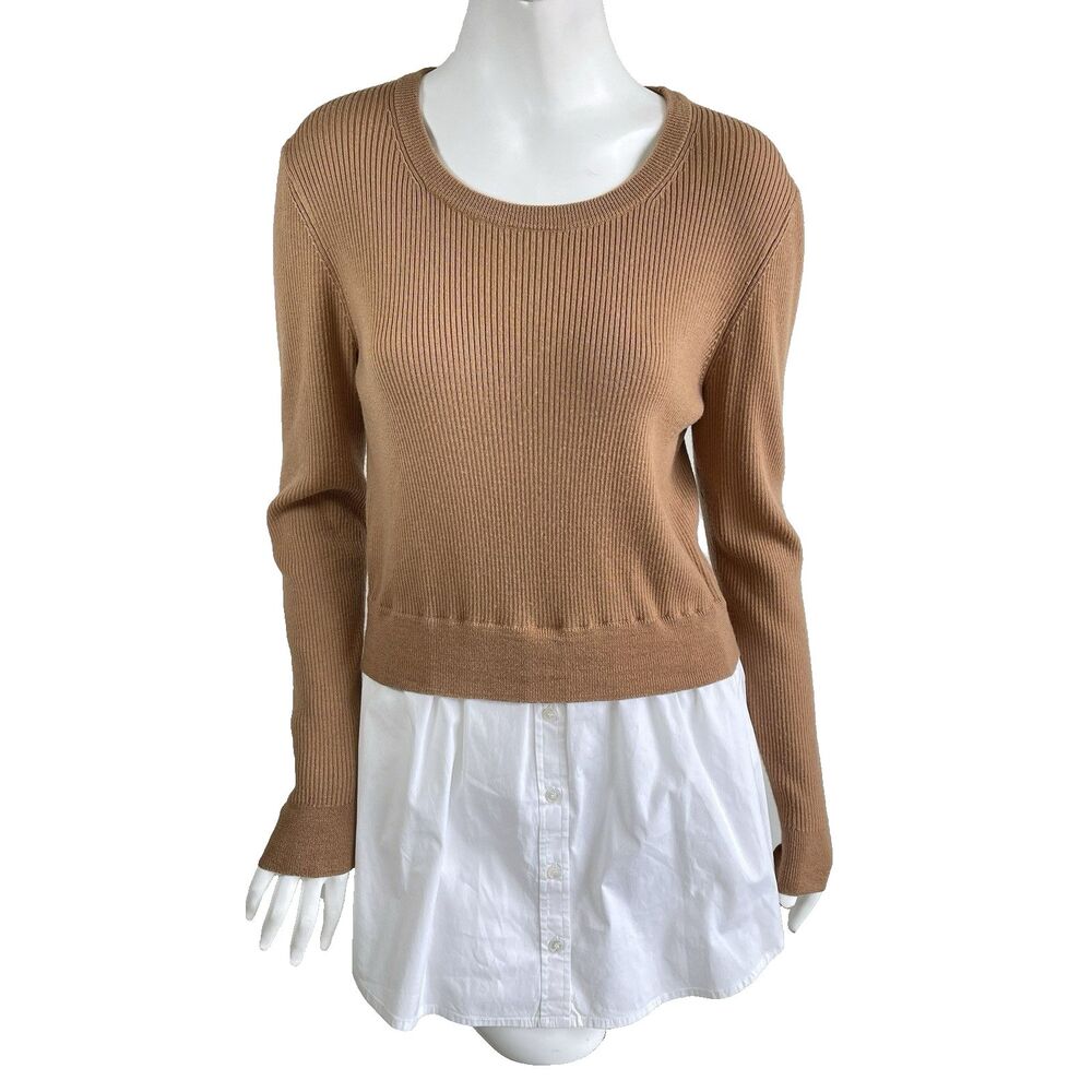 $395 Veronica Beard Rocha Poplin Merino Wool Sweater XL Tan Preppy Career Casual